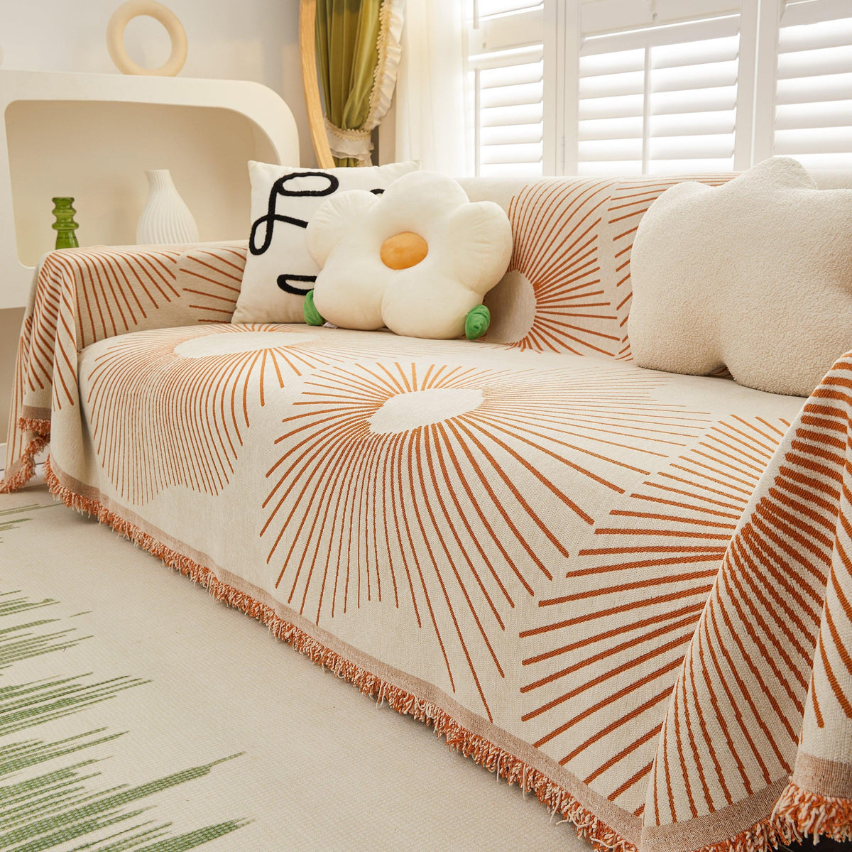 Geometric Radial Striped L-Shape Sofa Cover: Thick, Reversible Furniture Blanket for Kids and Pets