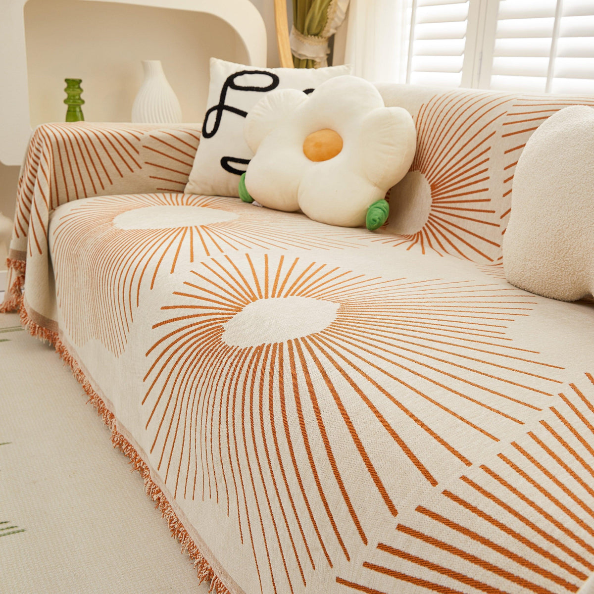 Geometric Radial Striped L-Shape Sofa Cover: Thick, Reversible Furniture Blanket for Kids and Pets