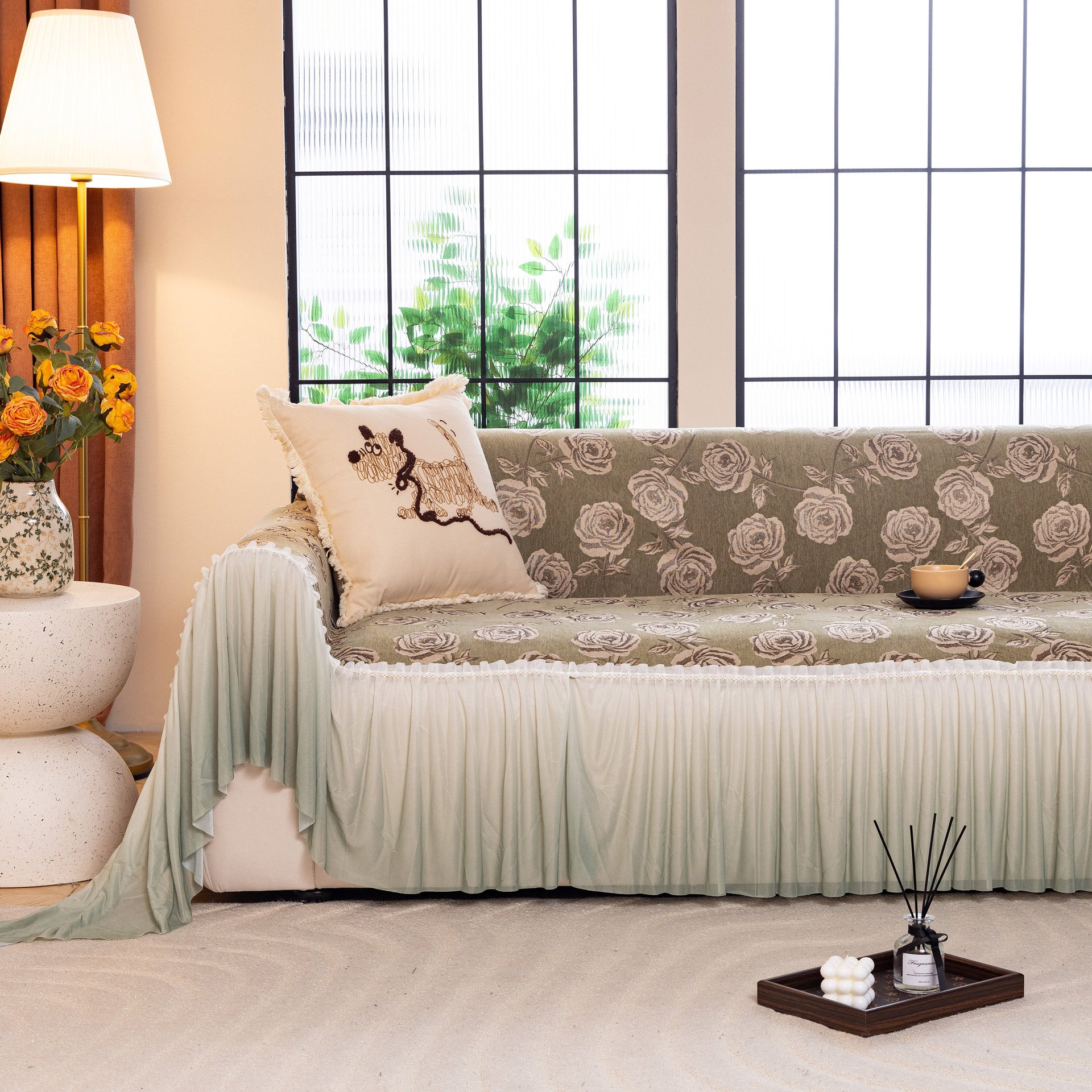 French Country Floral Sofa Cover with Ruffled Skirt, Farmhouse Decor for Living Room