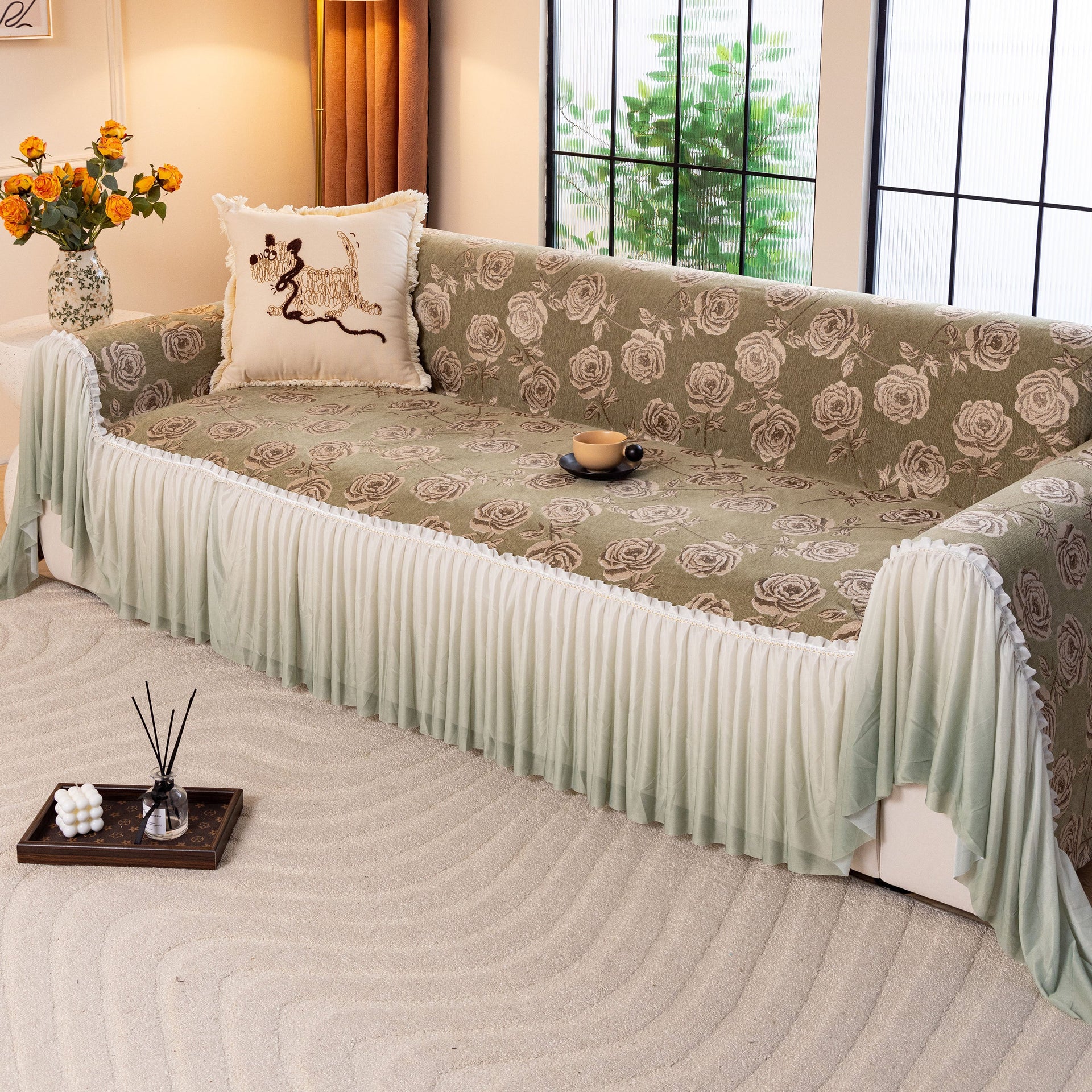 French Country Floral Sofa Cover with Ruffled Skirt, Farmhouse Decor for Living Room