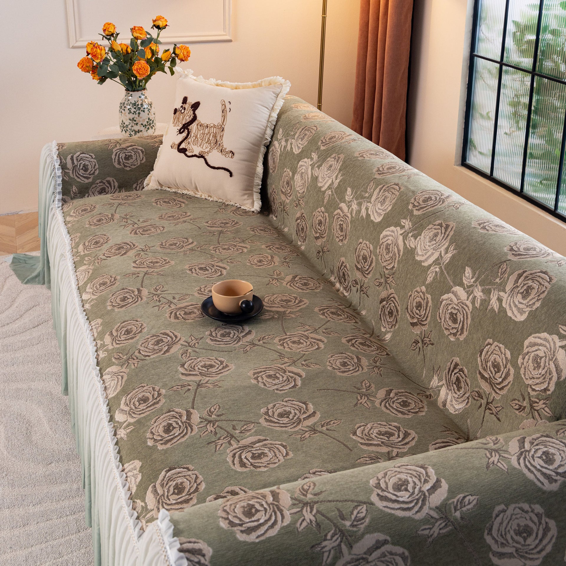 French Country Floral Sofa Cover with Ruffled Skirt, Farmhouse Decor for Living Room