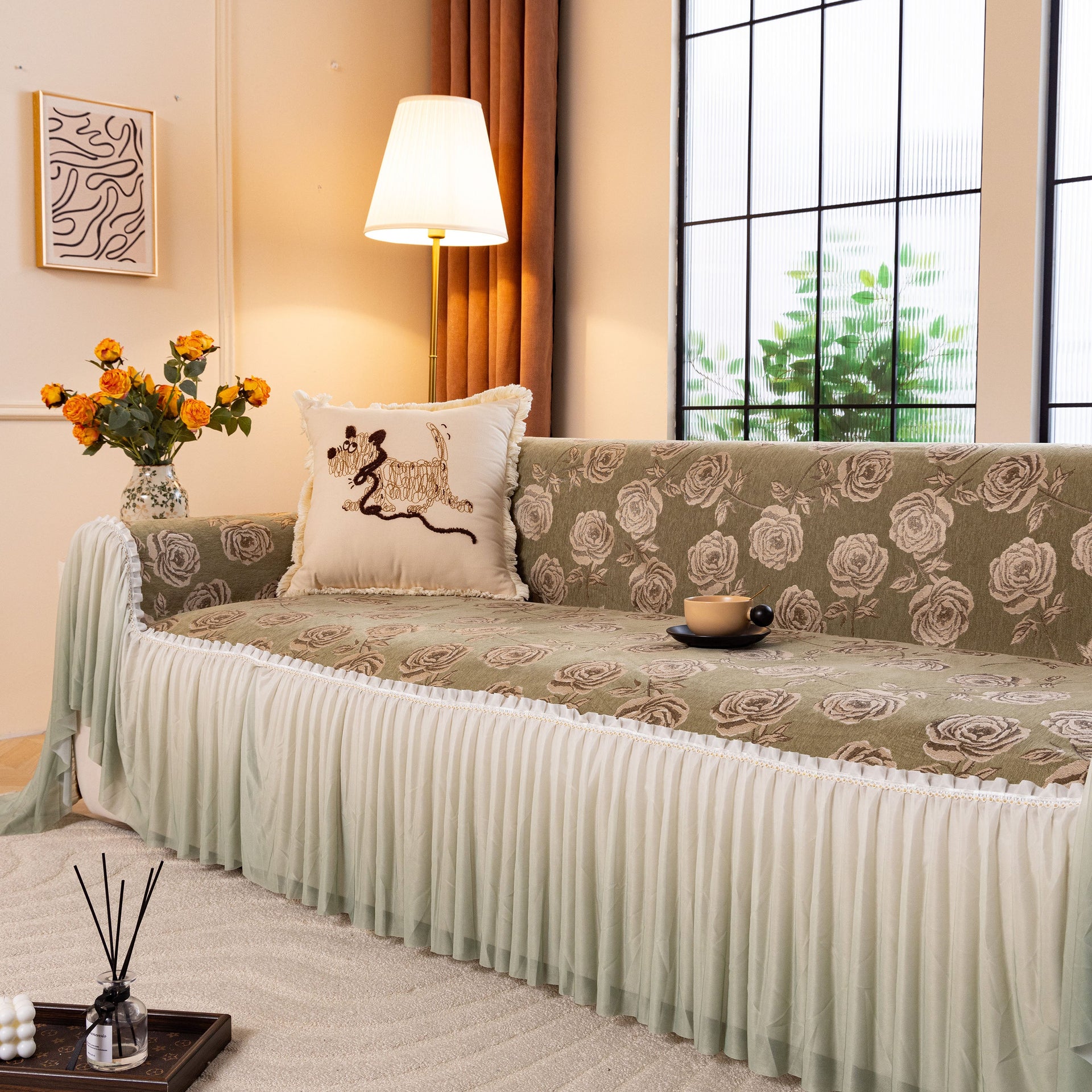 French Country Floral Sofa Cover with Ruffled Skirt, Farmhouse Decor for Living Room