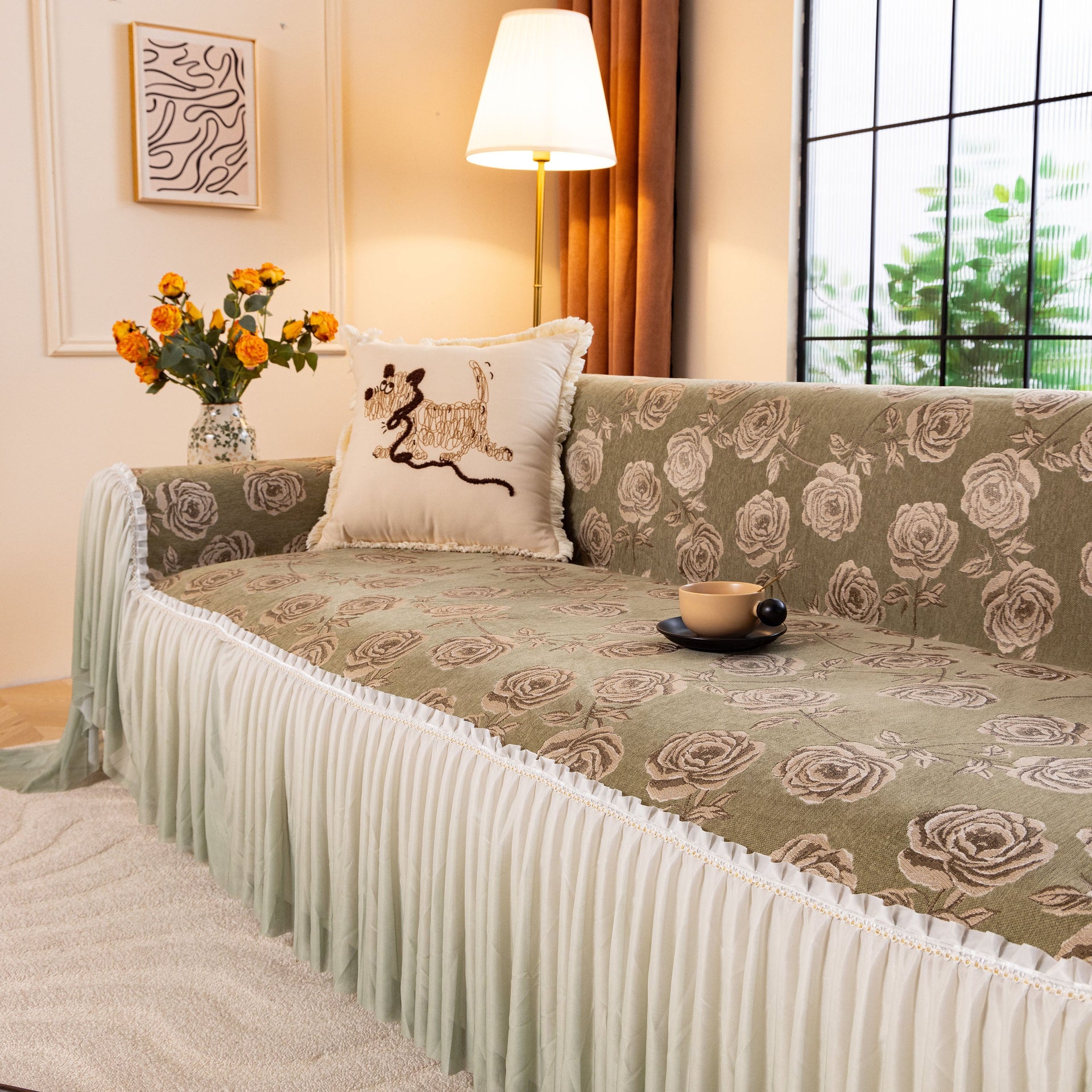 French Country Floral Sofa Cover with Ruffled Skirt, Farmhouse Decor for Living Room