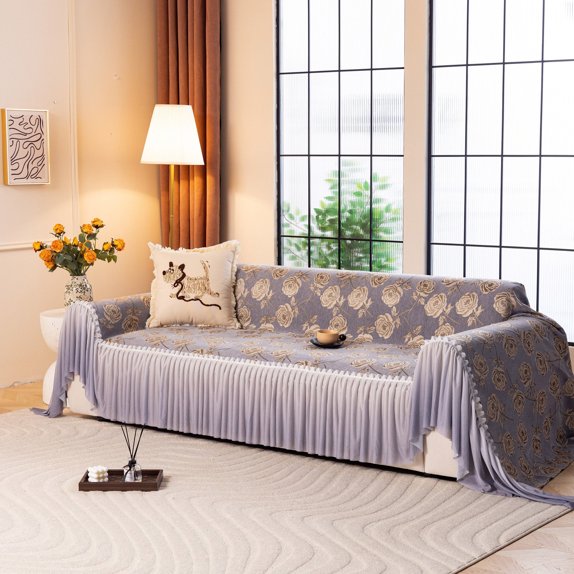 French Country Floral Sofa Cover with Ruffled Skirt, Farmhouse Decor for Living Room