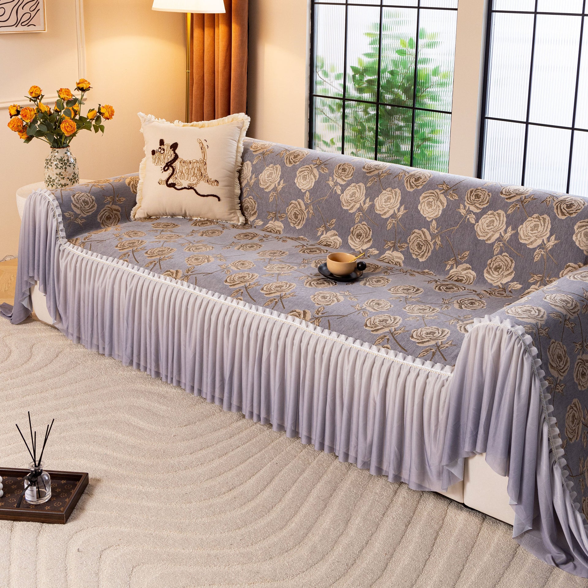 French Country Floral Sofa Cover with Ruffled Skirt, Farmhouse Decor for Living Room