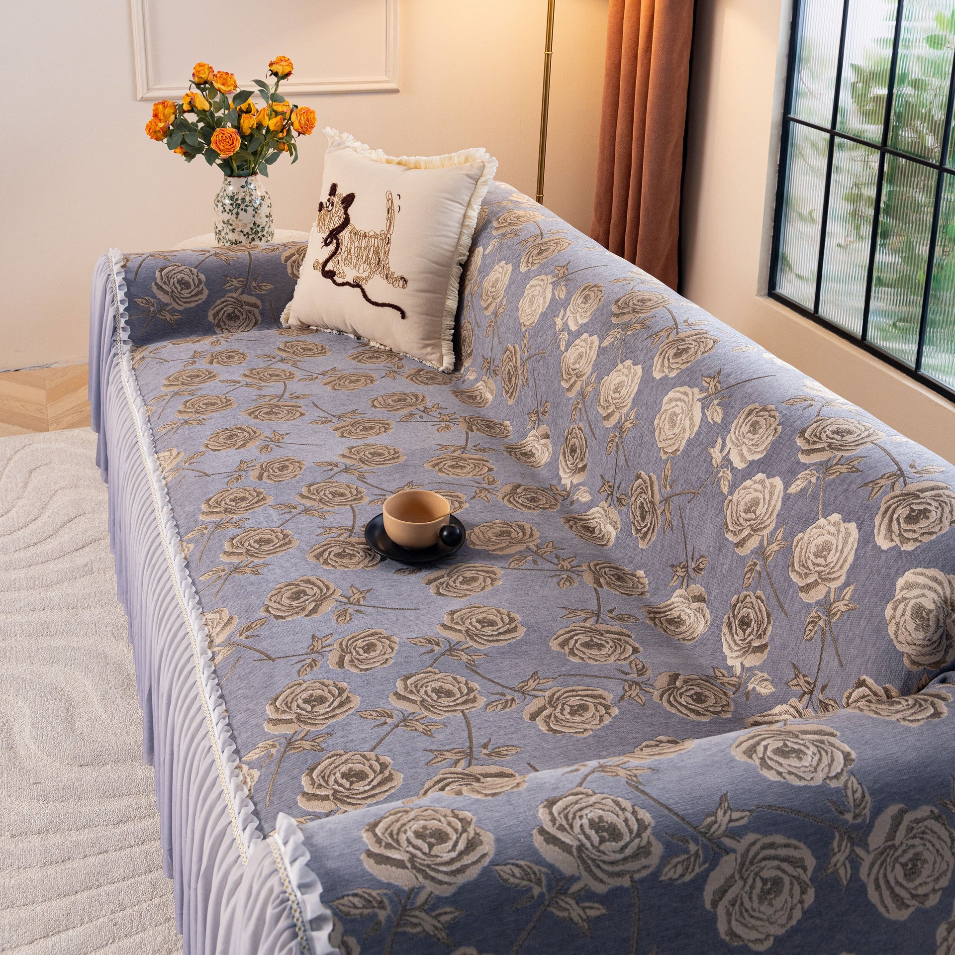 French Country Floral Sofa Cover with Ruffled Skirt, Farmhouse Decor for Living Room