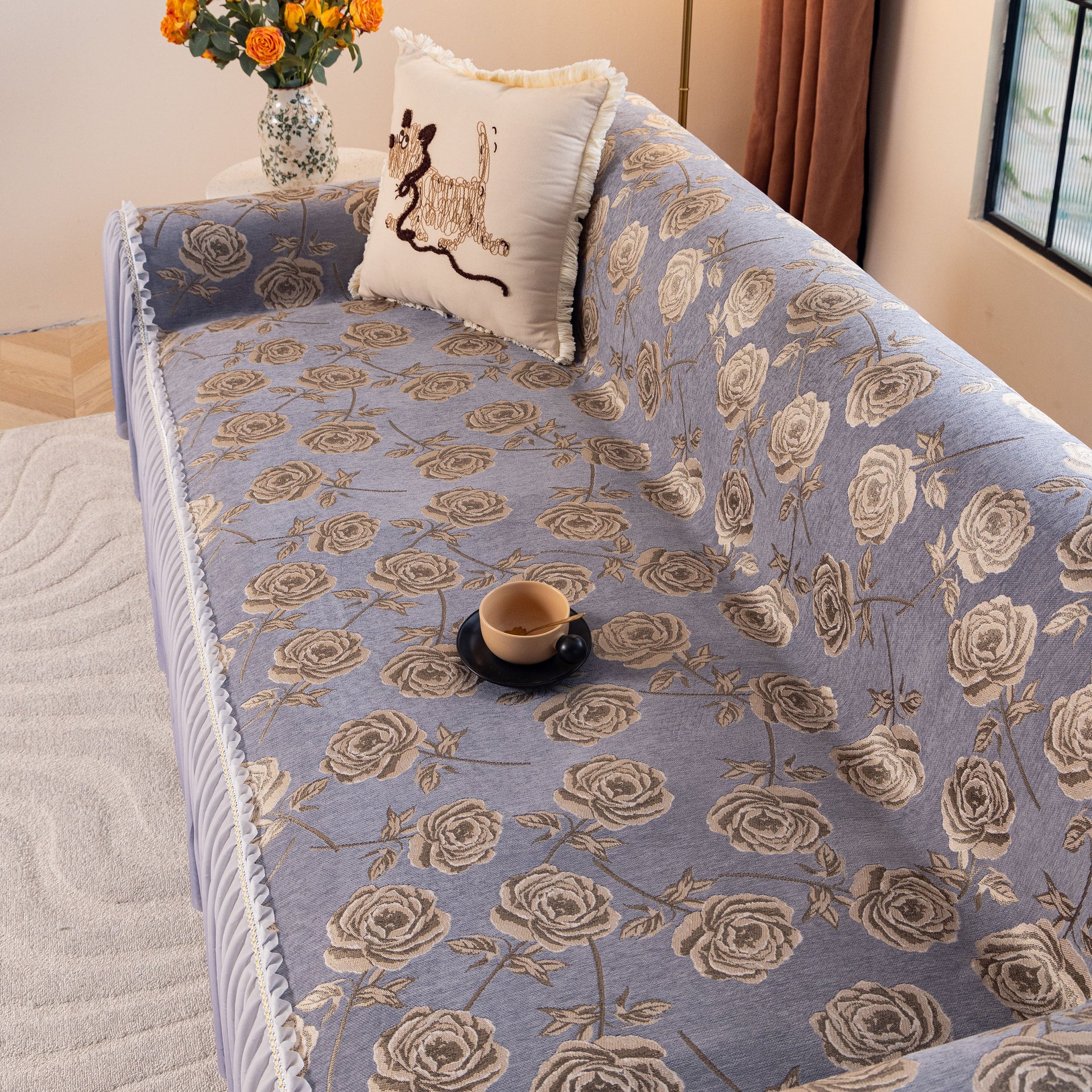 French Country Floral Sofa Cover with Ruffled Skirt, Farmhouse Decor for Living Room