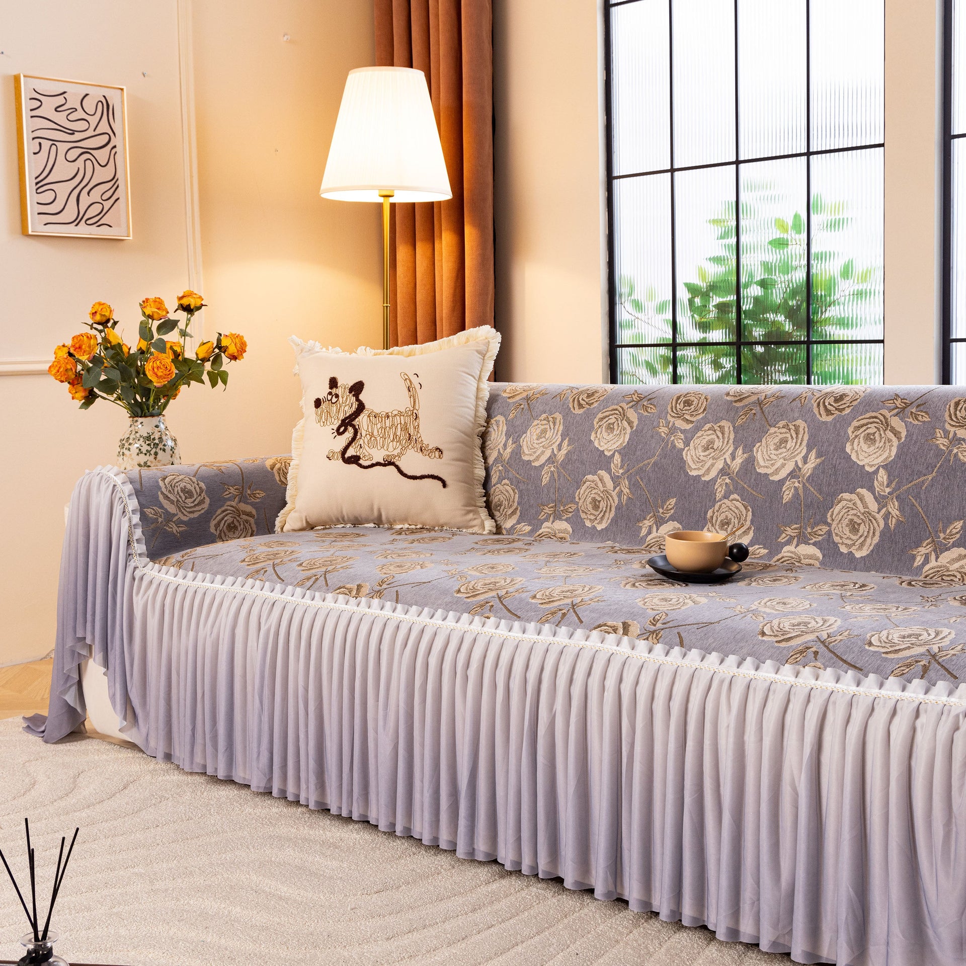 French Country Floral Sofa Cover with Ruffled Skirt, Farmhouse Decor for Living Room