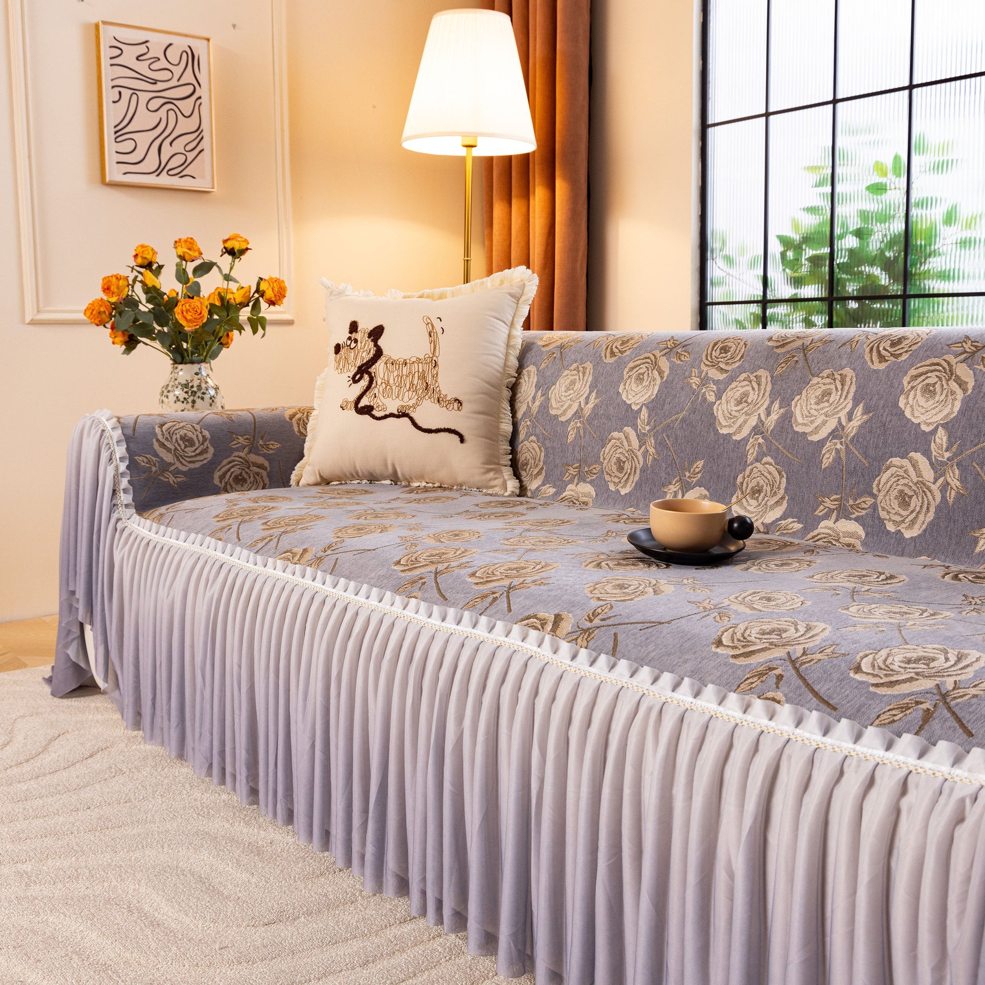 French Country Floral Sofa Cover with Ruffled Skirt, Farmhouse Decor for Living Room