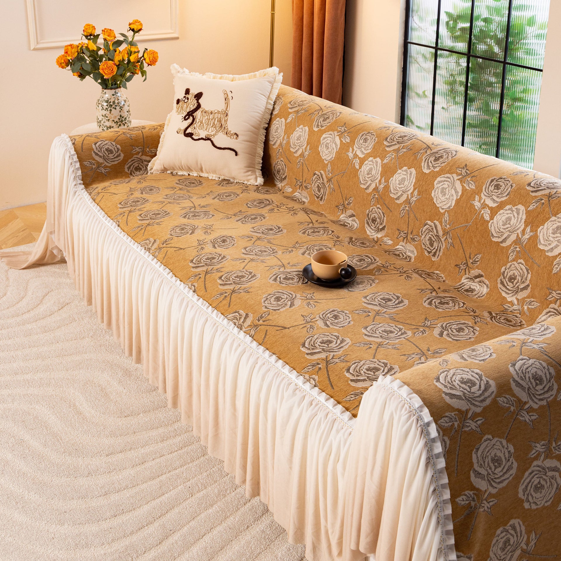 French Country Floral Sofa Cover with Ruffled Skirt, Farmhouse Decor for Living Room