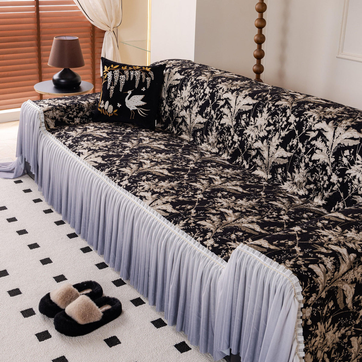 Elegant Botanical Sofa Cover with Pleated Tulle Skirt, Vintage Floral Couch Protector