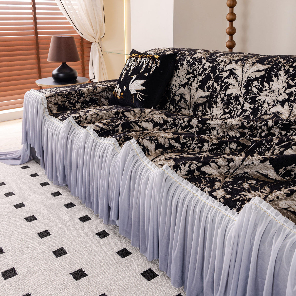 Elegant Botanical Sofa Cover with Pleated Tulle Skirt, Vintage Floral Couch Protector