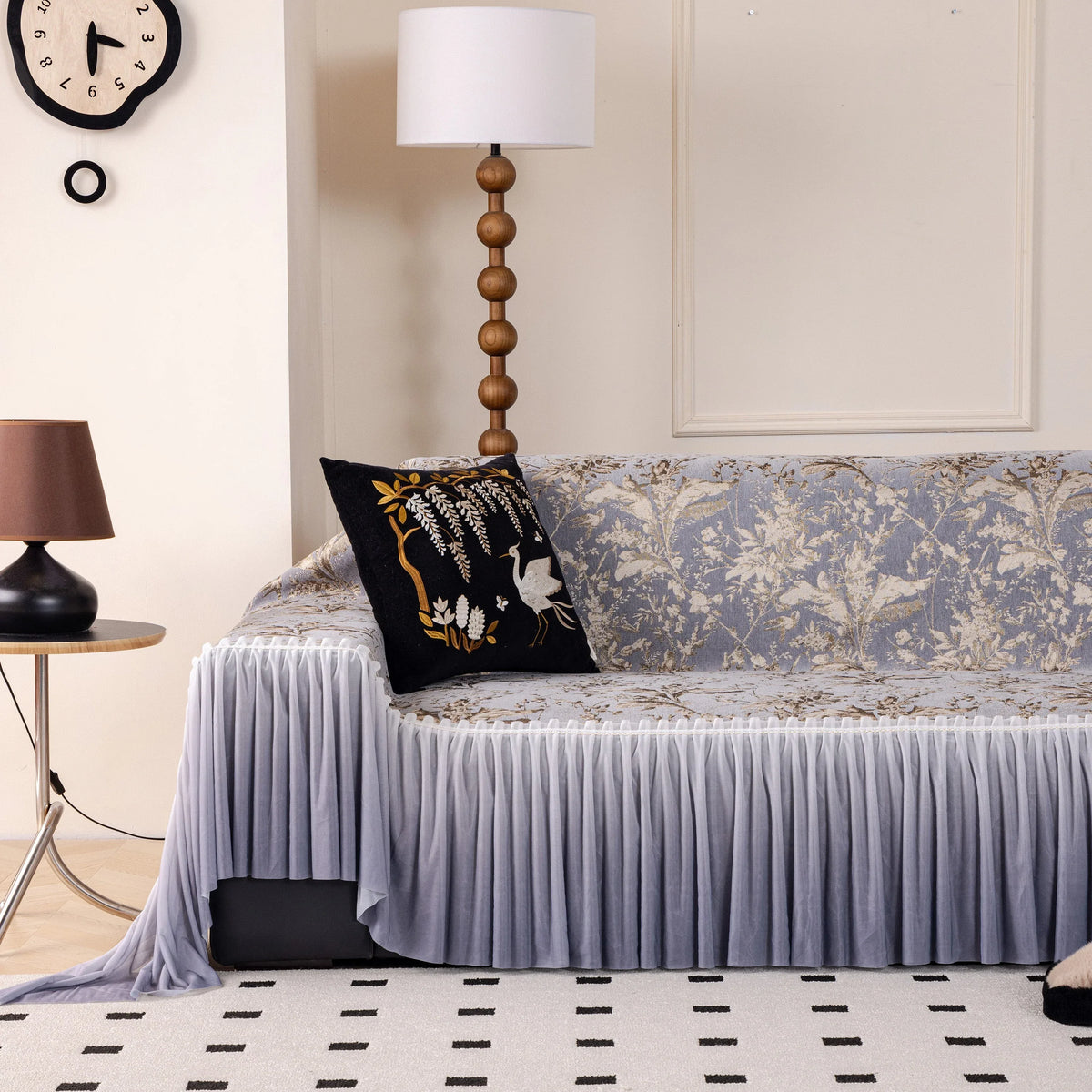 Elegant Botanical Sofa Cover with Pleated Tulle Skirt, Vintage Floral Couch Protector