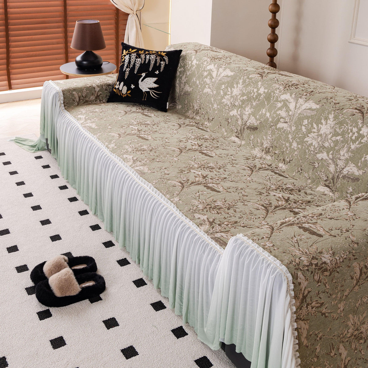 Elegant Botanical Sofa Cover with Pleated Tulle Skirt, Vintage Floral Couch Protector