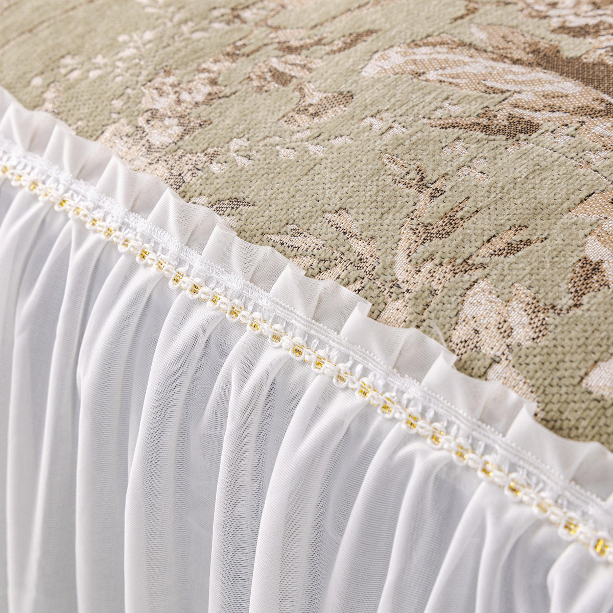 Elegant Botanical Sofa Cover with Pleated Tulle Skirt, Vintage Floral Couch Protector