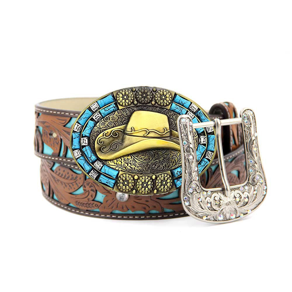 TOPACC Western Turquoise Belts - Cowboy Hat Belt Buckle Copper/Bronze