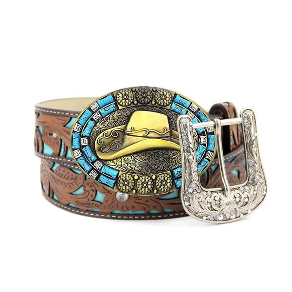 TOPACC Western Turquoise Belts - Cowboy Hat Belt Buckle Copper/Bronze - Gifts for You 'n Me