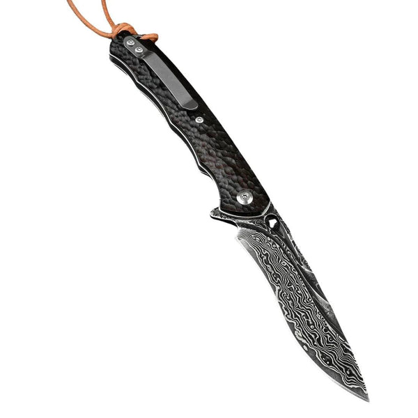 Panther Handmade Stainless Damascus Pocket Knife with Clip and Exotic Ebony Wood Handle - Gifts for You 'n Me