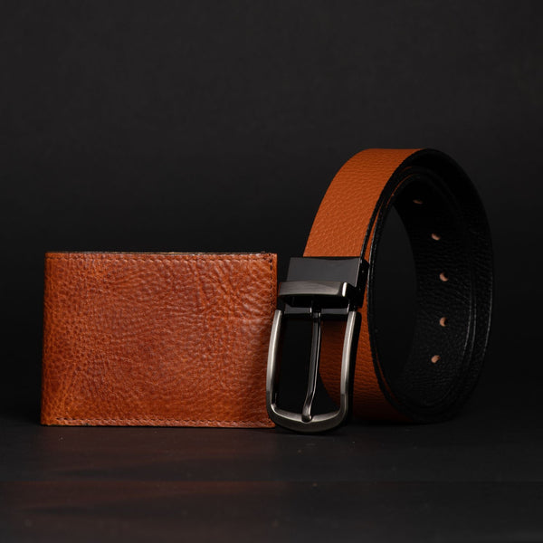 Harvey Dent One Piece Reversible Leather Belt + Maverick Wallet Set - Tan NAB Leather