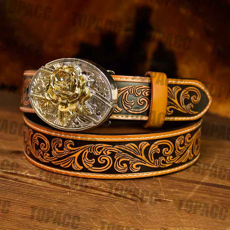 Brown Leather Belt with Two-tone Strap Holder Buckle