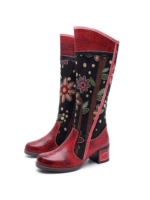 Bohemian Leather Block Heel Long Boots