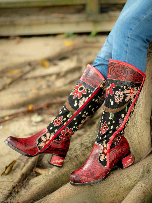 Bohemian Leather Block Heel Long Boots