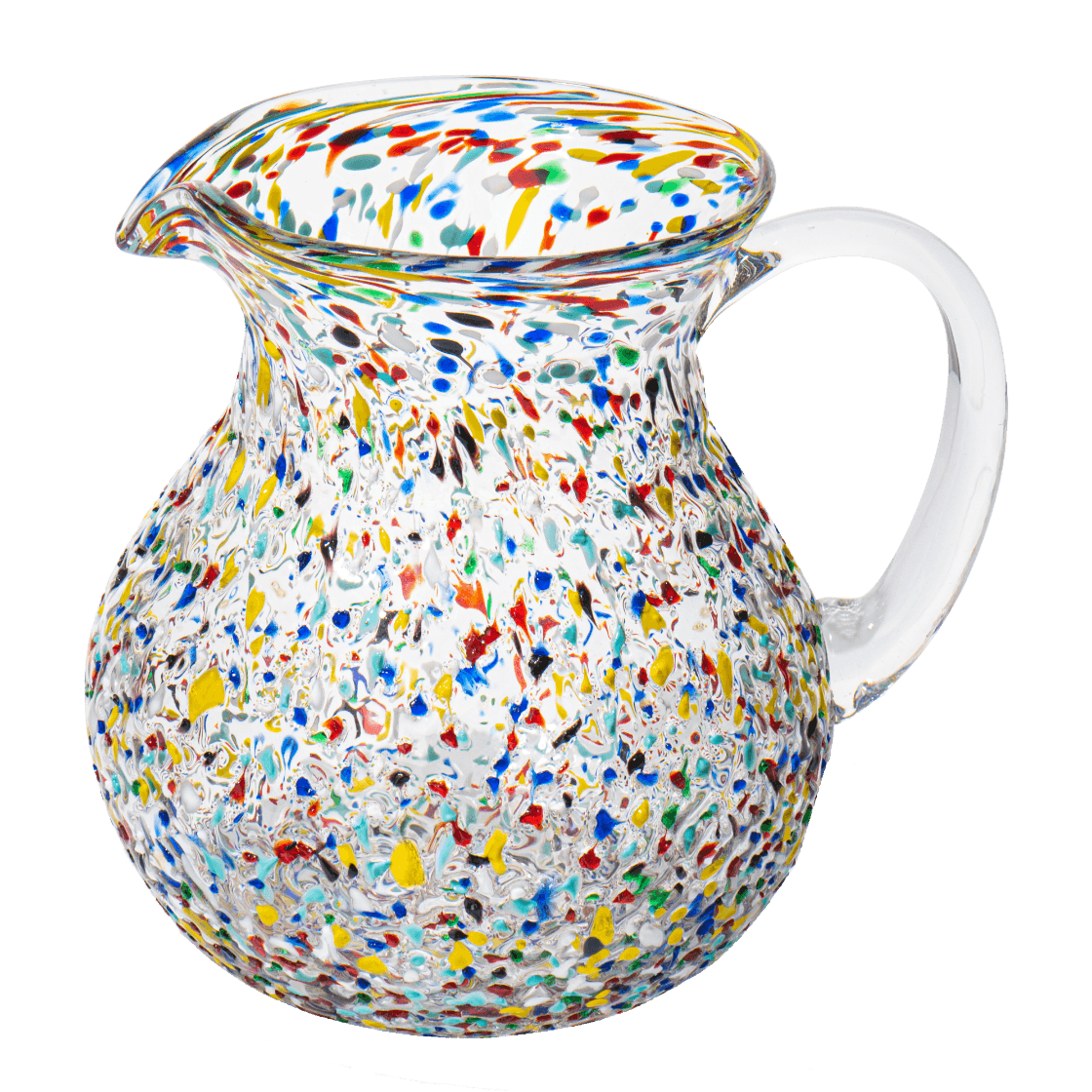 Colorful splatter-patterned glass pitcher on a white background