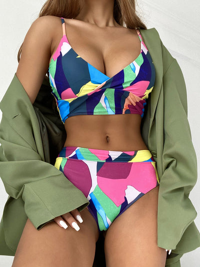 Geometric Colorful Bikini Sets Solid Color Ruffled Swimwear Bathing Suits 2 Piece Split Push Up Bandage Beachwear Women's Bikini Scoop Neck Straps Cutout Crop Top Lace Up Bottom Comfortable Beach Summer Swimsuit