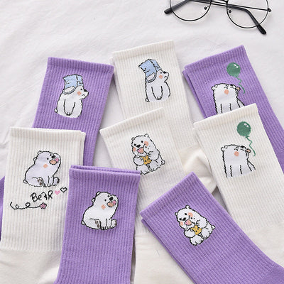 4Pair Spring And Summer Combed Out Of Pure Cotton Socks Mid Waist Fashion Bear Socks Cute Animal Socks Kawaii Cute Cartoon Purple College Socks For Men And Women