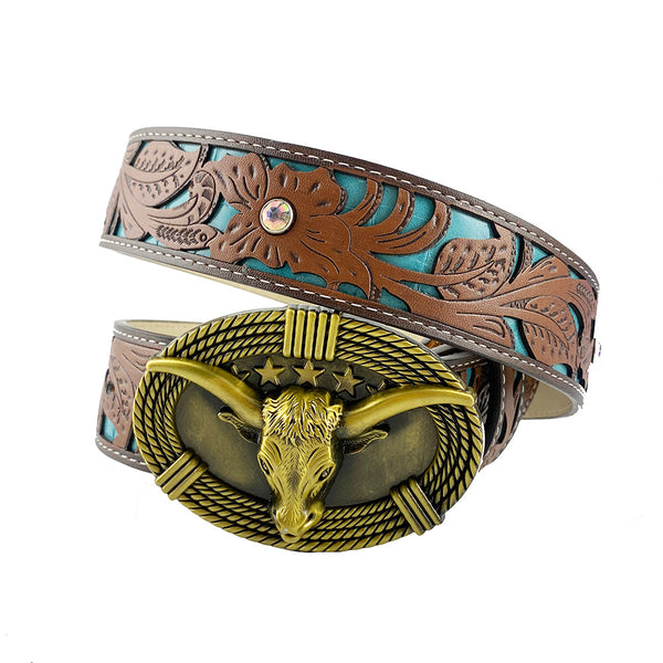 TOPACC Western Turquoise Belts - Cute Longhorn Cow Belt Buckle Copper/Bronze