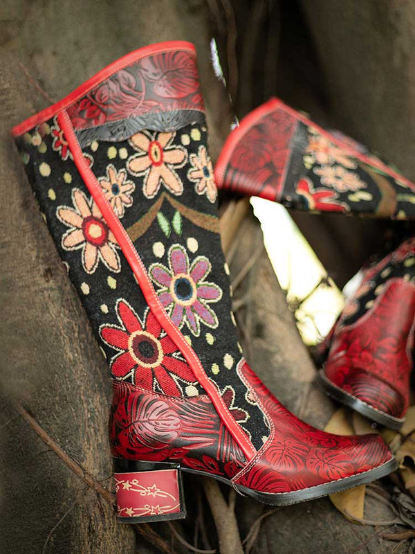 Bohemian Leather Block Heel Long Boots