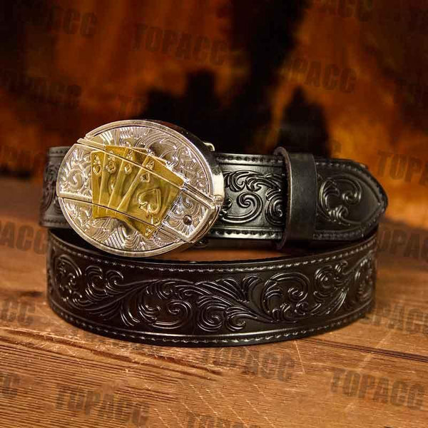Black Leather Belt with Two-tone Strap Holder Buckle - Gifts for You 'n Me