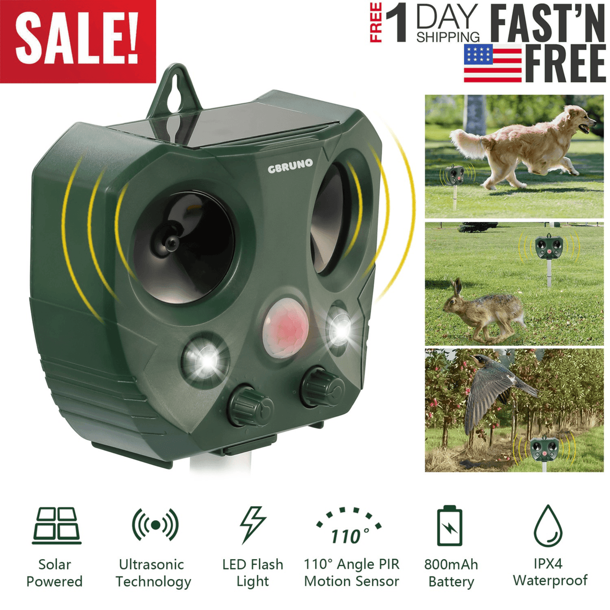 Ultrasonic Animal Repeller Solar Powered Repellent with Motion Sensor LED Flashing Lights IPX6 Waterproof Outdoor for Farm Garden Yard
