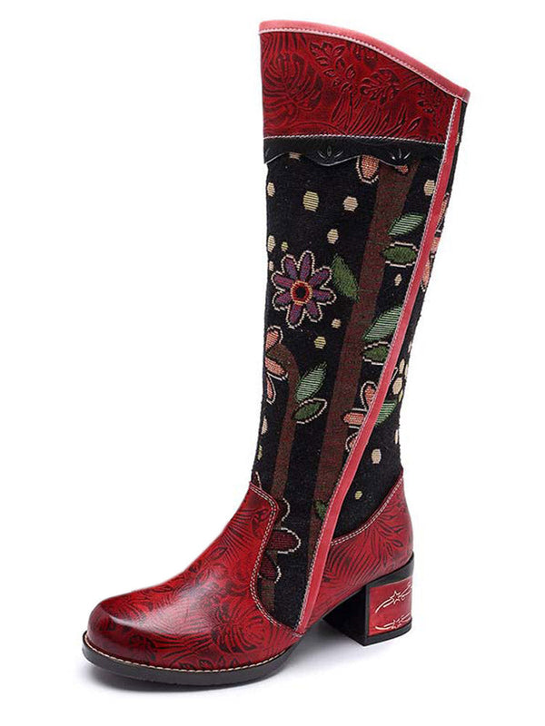 Bohemian Leather Block Heel Long Boots