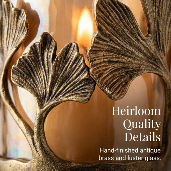Gold Candle Holder - Glass Hurricane with Gingko Leaf Design for Indoor Decor