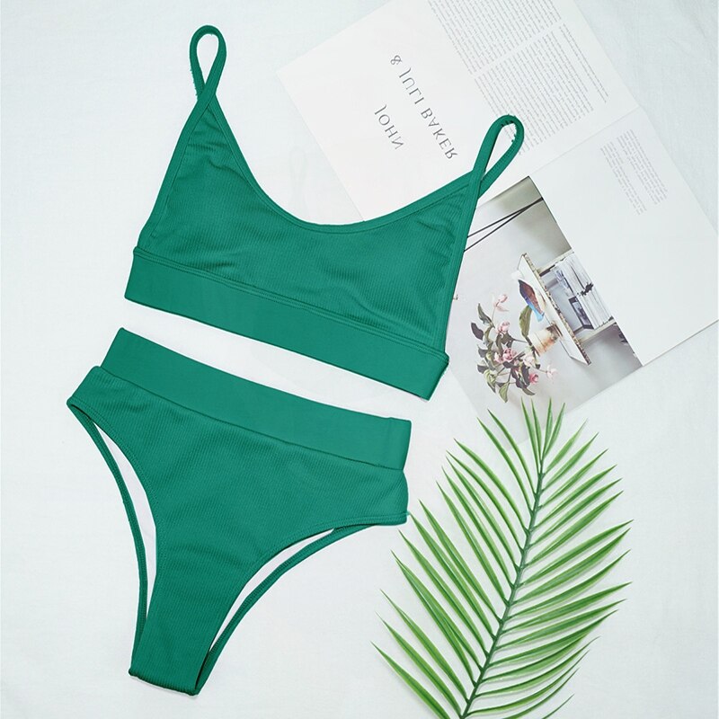 Women Bikini Sets Solid Color Ruffled Swimwear Bathing Suits 2 Piece Split Push Up Bandage Beachwear Women's Bikini Scoop Neck Straps Cutout Crop Top Lace Up Bottom Comfortable Two Piece Swimsuits