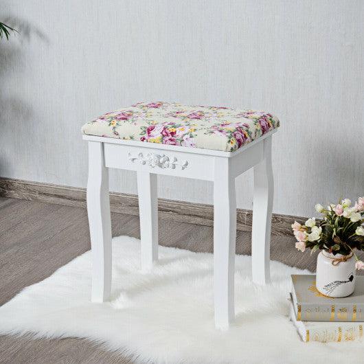 Vanity Wood Dressing Stool Padded Piano Seat with Rose Cushion-White