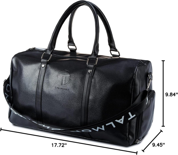 17.7 inch Gym Duffle Leather Bag with Shoe Compartment for Sports Travel - Adjustable Shoulder Strap, Weekender Travel Overnight Bag for Men