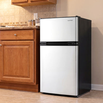 3.2 Cu.Ft Mini Fridge with Freezer Double Door Small Refrigerator with Adjustable Thermostat-Silver