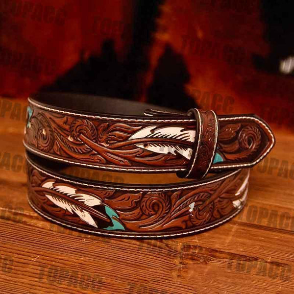 TOPACC Genuine Leather Feather Pattern Belt - Gifts for You 'n Me