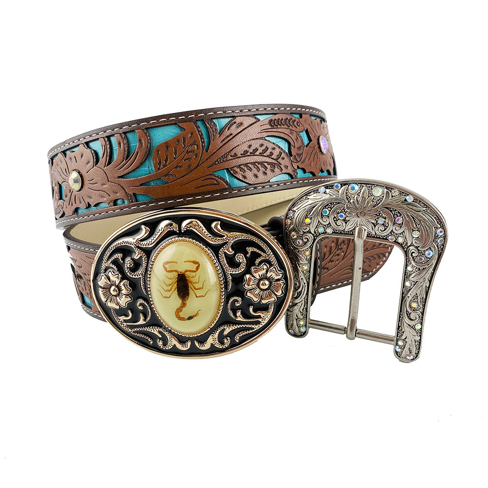TOPACC Western Turquoise Belts -  Luminous Stone 3D Scorpion Belt Buckle Copper/Bronze
