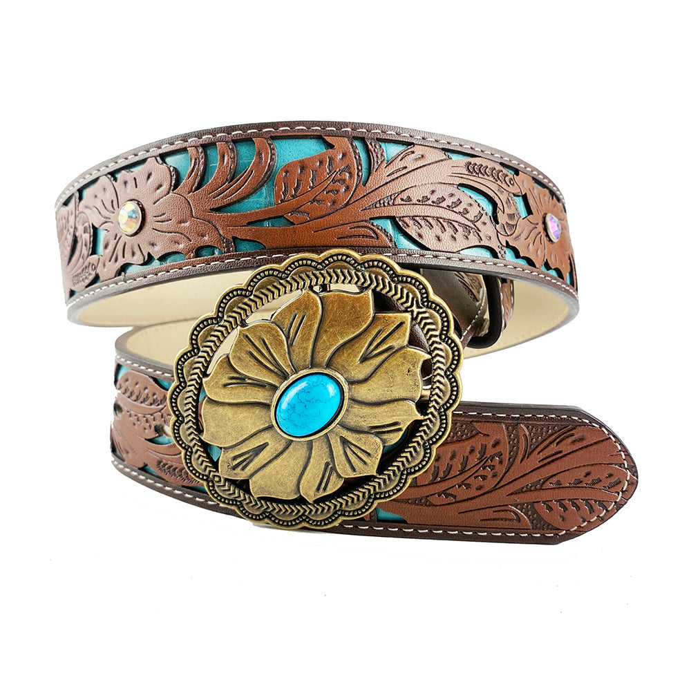 TOPACC Western Turquoise Belts - Turquoise Flower Belt Buckle Copper/Bronze
