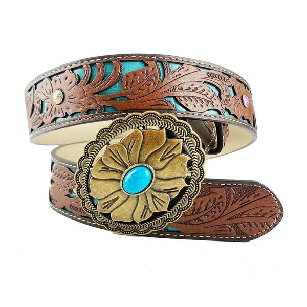 TOPACC Western Turquoise Belts - Turquoise Flower Belt Buckle Copper/Bronze - Gifts for You 'n Me