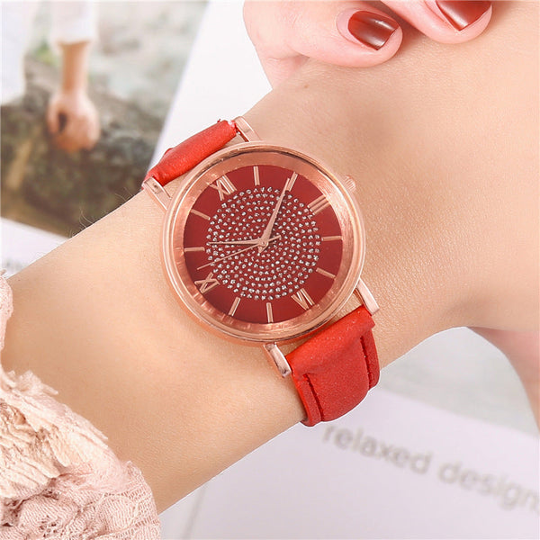 Womens Watches Bracelet Set Starry Sky Ladies Watch Casual Leather Student Quartz Wristwatch Luxury Fashion Minimalist Leather Strap Dress Analogue Quartz Round Elegant Watch