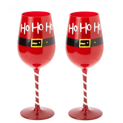 Ho Ho Ho Santa's Christmas Stemmed Wine & Water Glasses - Set of 2 - HoHoHo, Red & Black, 9