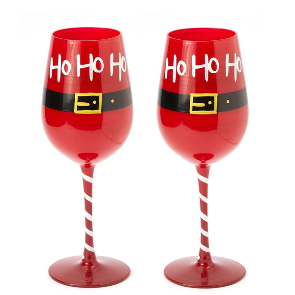 Ho Ho Ho Santa's Christmas Stemmed Wine & Water Glasses - Set of 2 - HoHoHo, Red & Black, 9