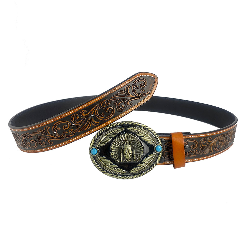TOPACC Western Genuine Leather Pattern Tooled Belt-Indians Belt Buckle Copper/Bronze