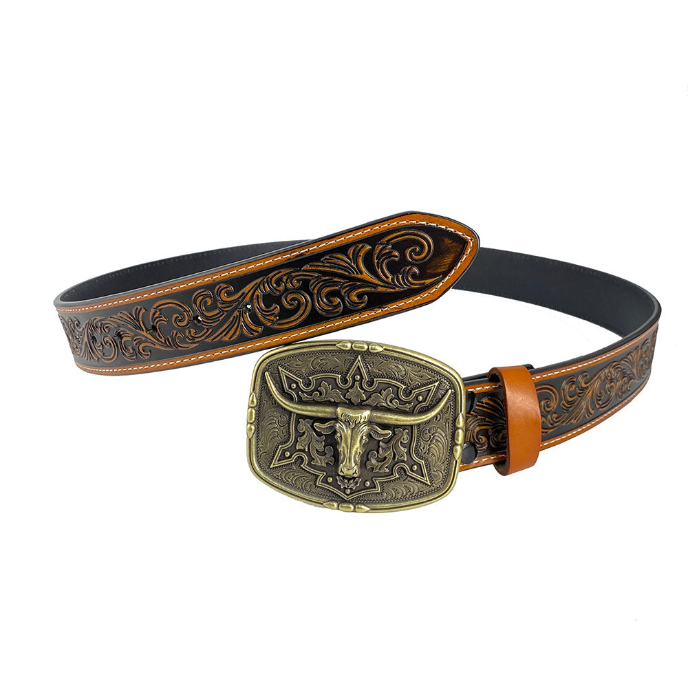 TOPACC Western Genuine Leather Pattern Tooled Belt-Pattern Longhorn Cow Belt Buckle Copper/Bronze