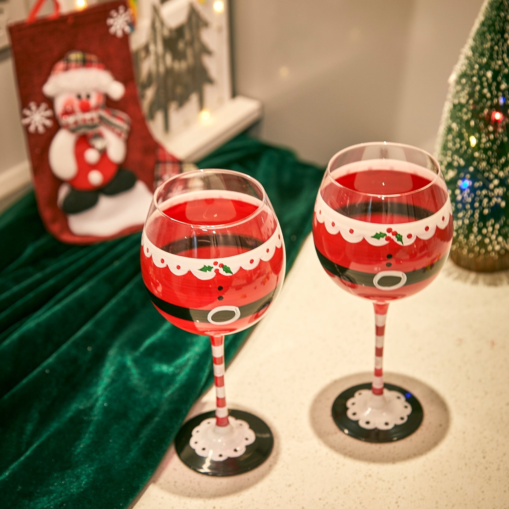 Santa's Elf Stemmed Wine & Water Glasses - Set of 2 - Shining Red & Black, 9