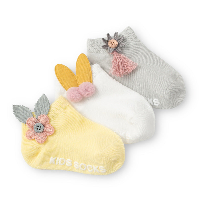 3 Pair/ SET  Baby Newborn Cotton Ankle Socks for Toddler Baby Girls Anti-slip Floor Sock Bowknot Flower Socks For Baby and Kids from 0-24M
